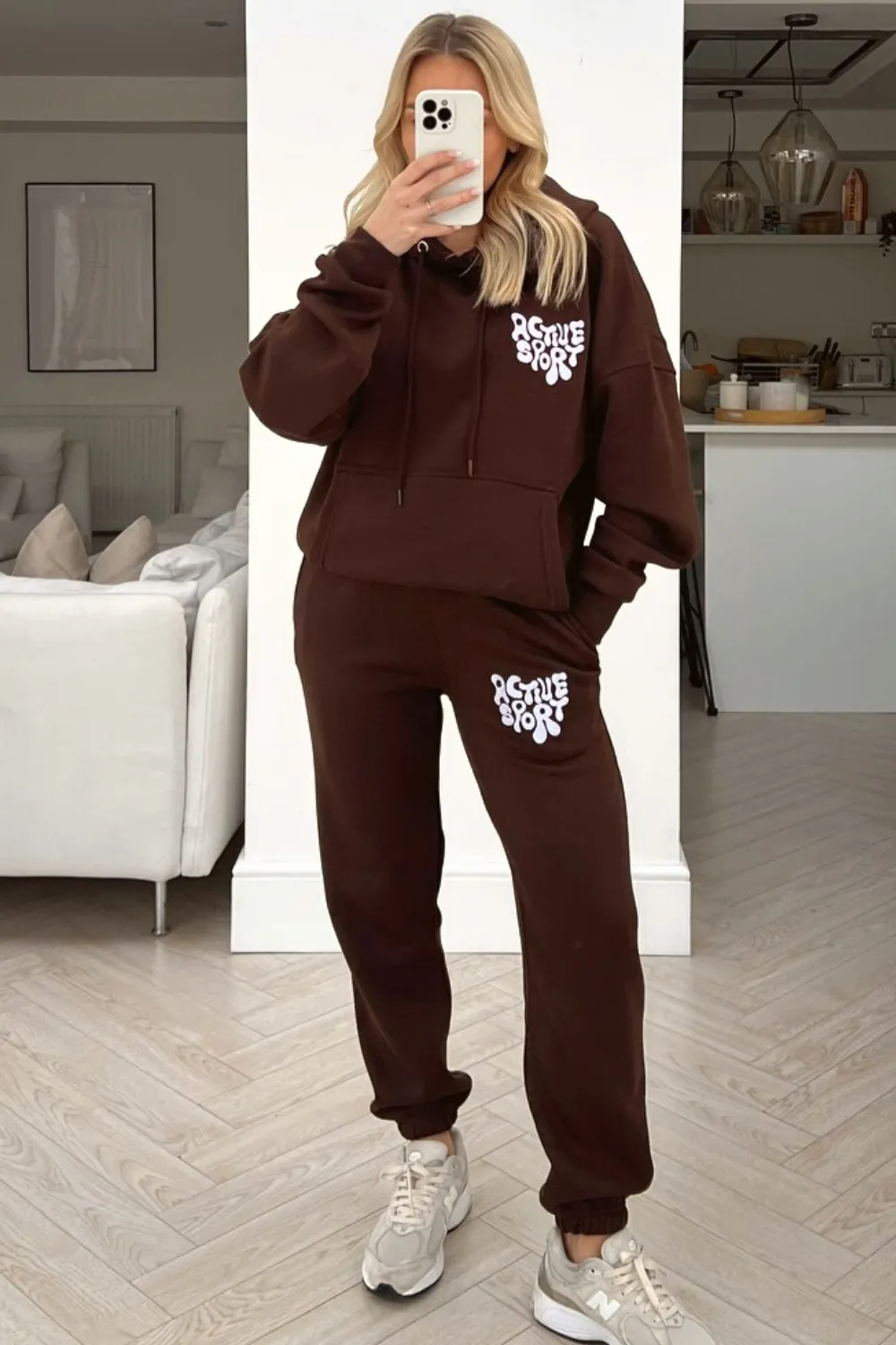 active sport chocolate embroidered hooded loungewear set