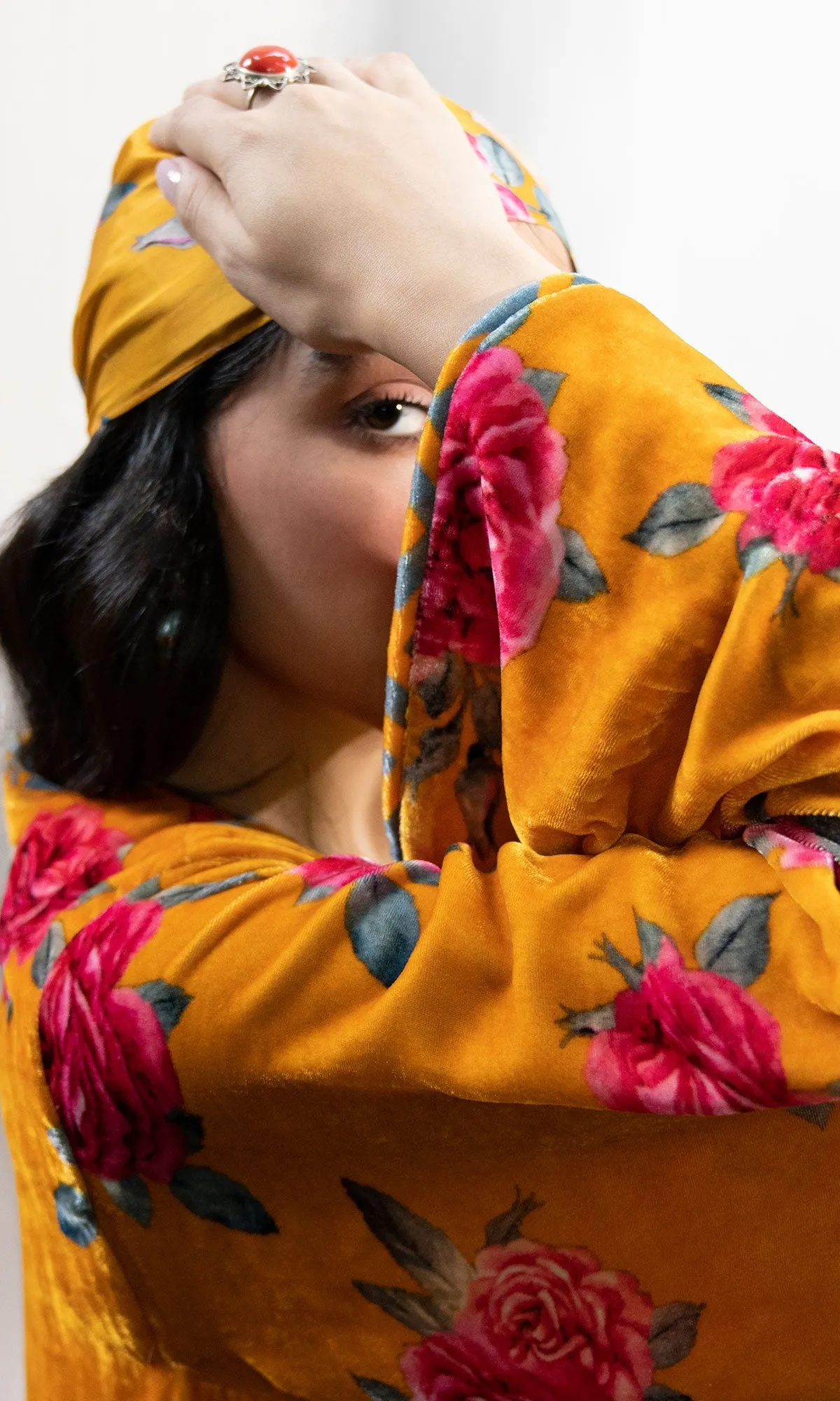 Bareen Silk velvet floral Mustard jacket