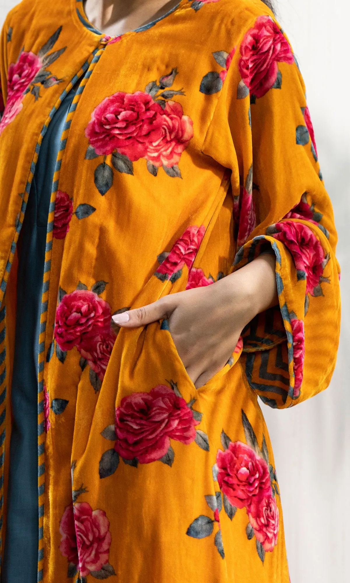 Bareen Silk velvet floral Mustard jacket