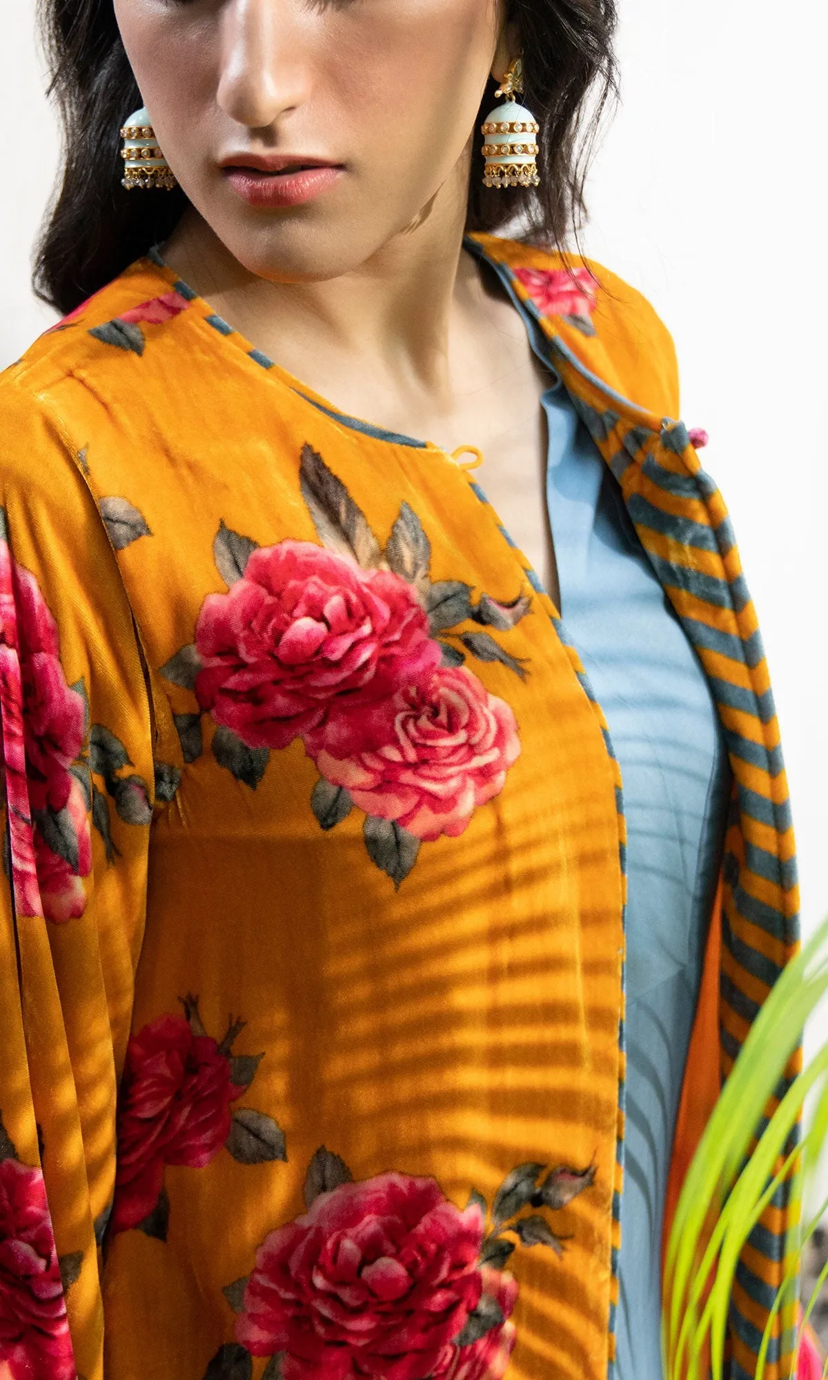 Bareen Silk velvet floral Mustard jacket