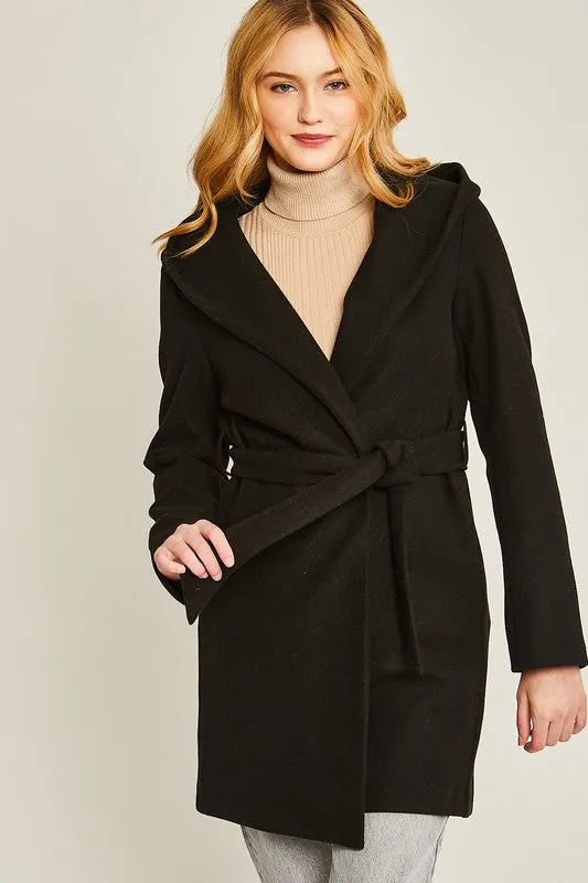 Black JQ Fleece Belted Hoodie Coat