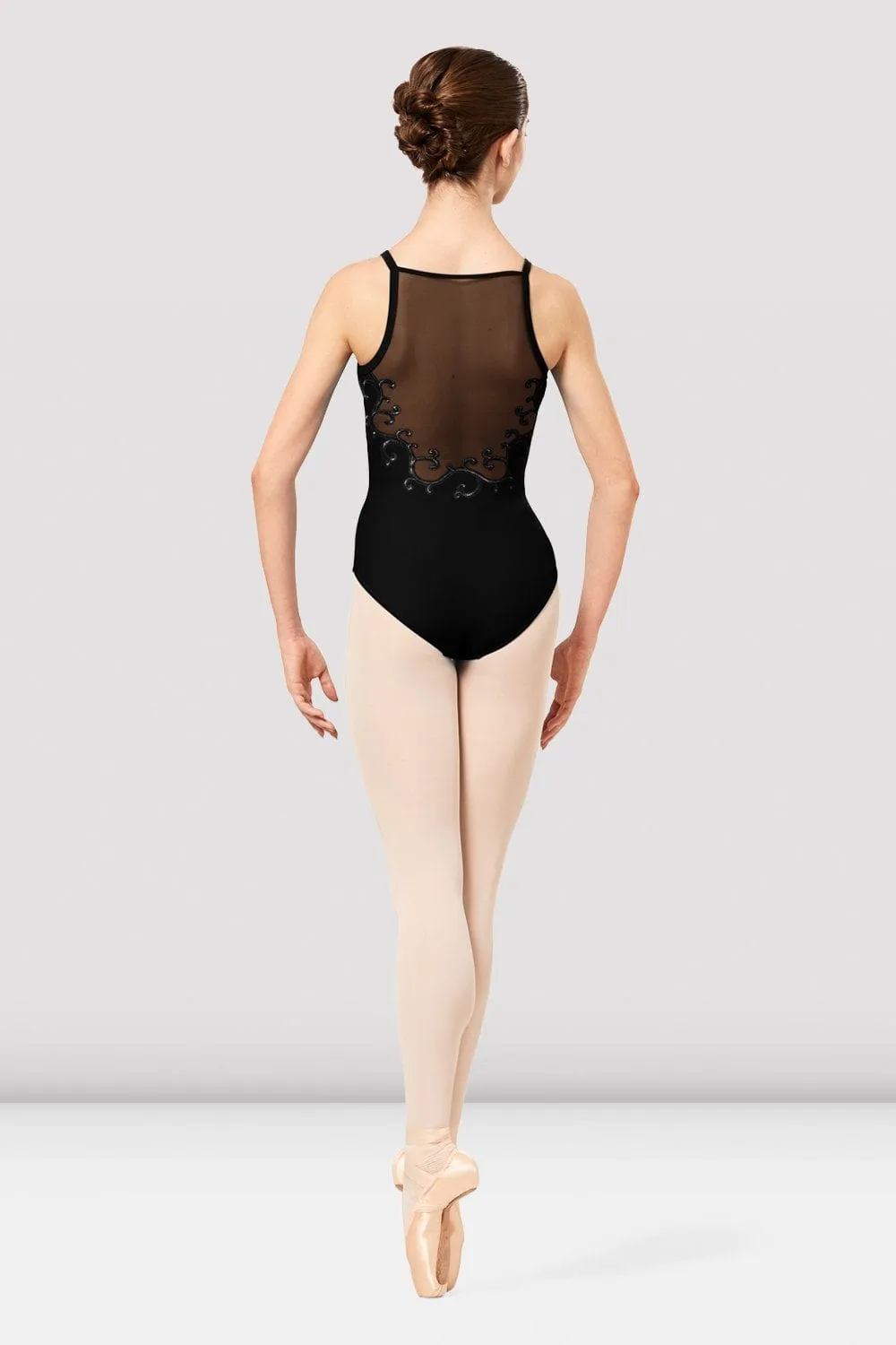 Bloch L2337 Adult Black Swirl Embroider Camisole Leotard