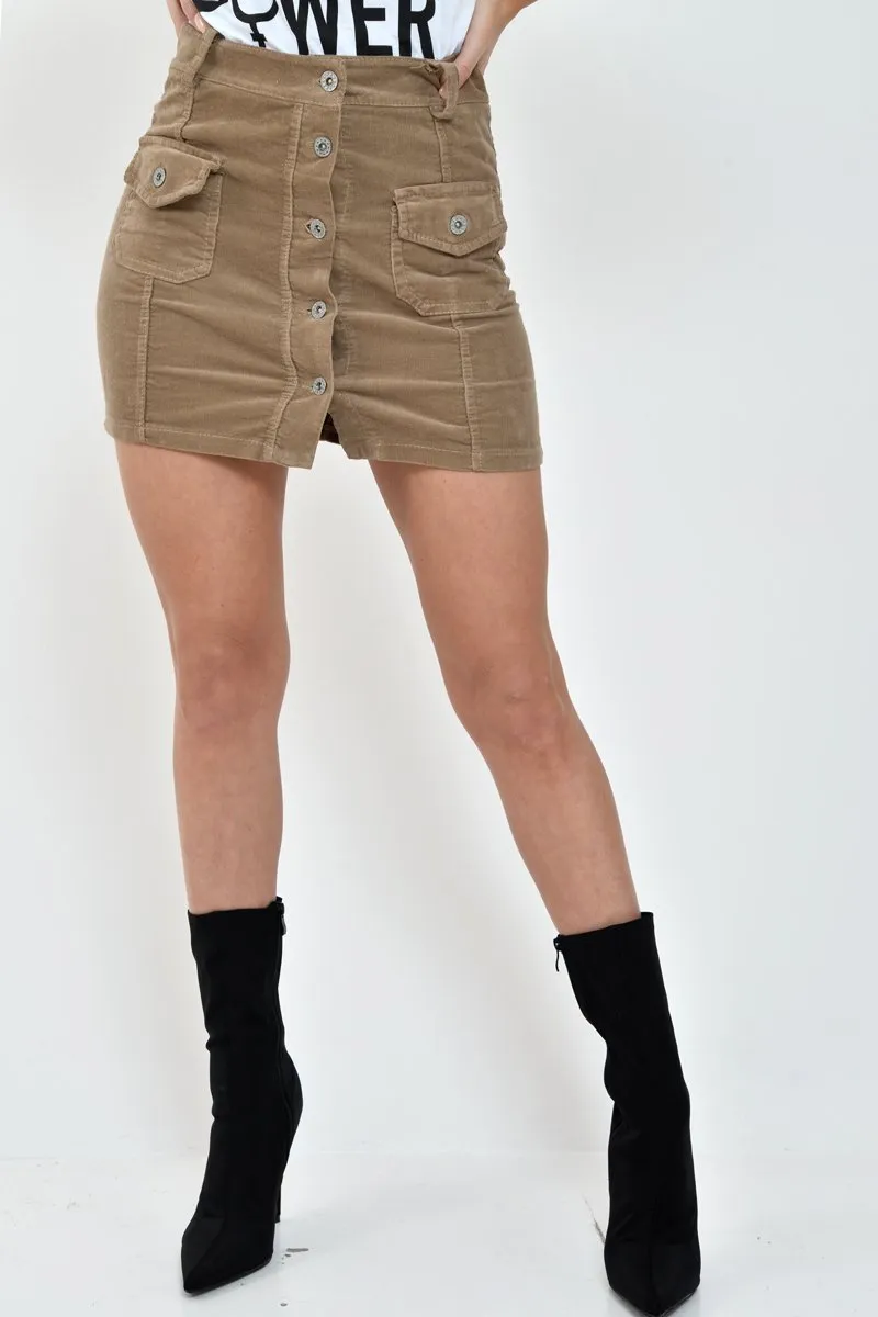 Camel Corduroy Button Front Skirt - Izzabel