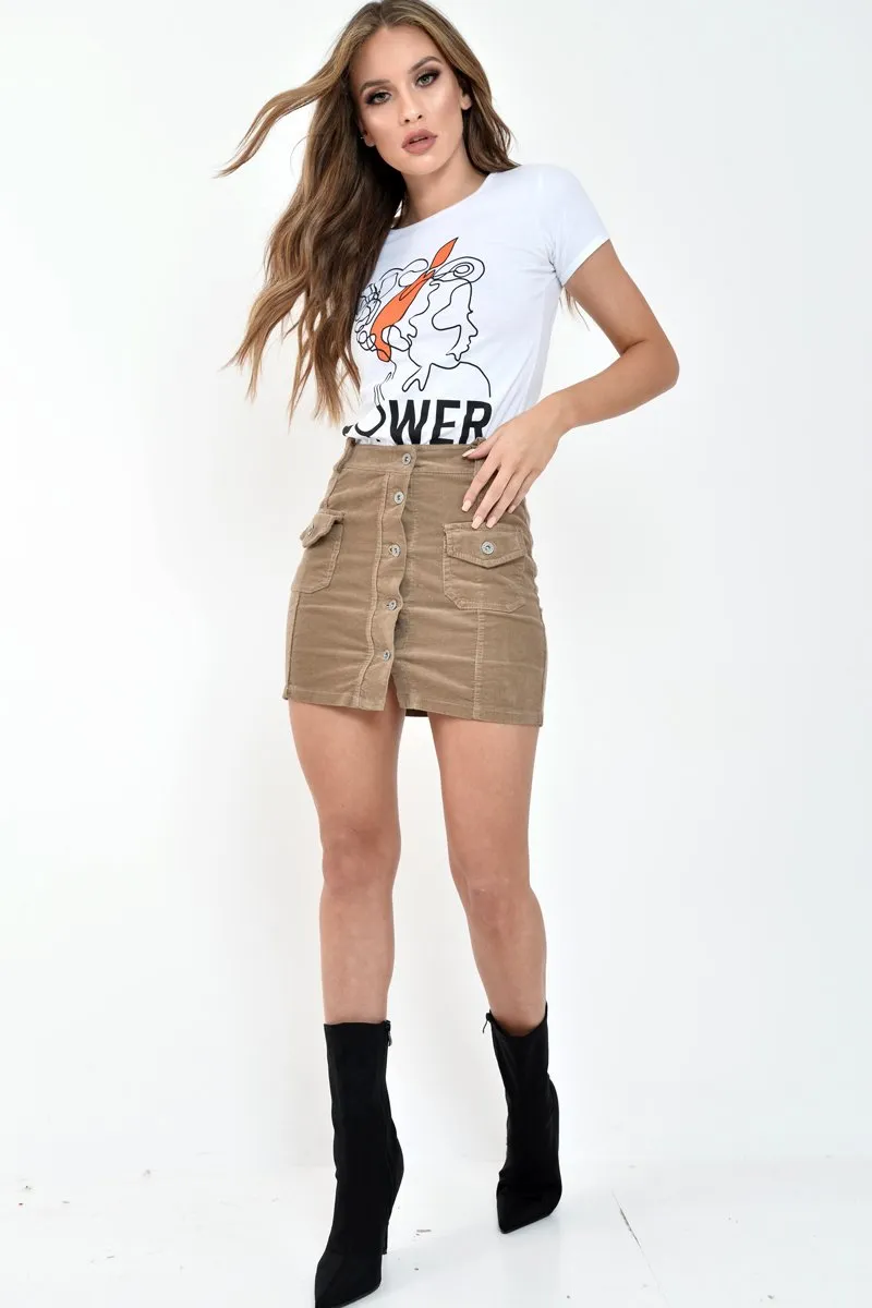 Camel Corduroy Button Front Skirt - Izzabel
