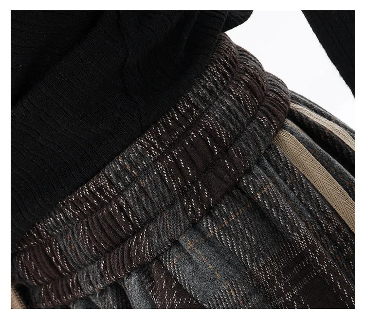 Casual Plaid Wide-Leg Pants & Three-Bar Stitched Design