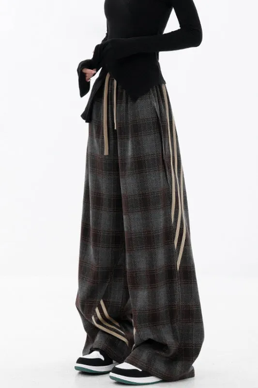 Casual Plaid Wide-Leg Pants & Three-Bar Stitched Design