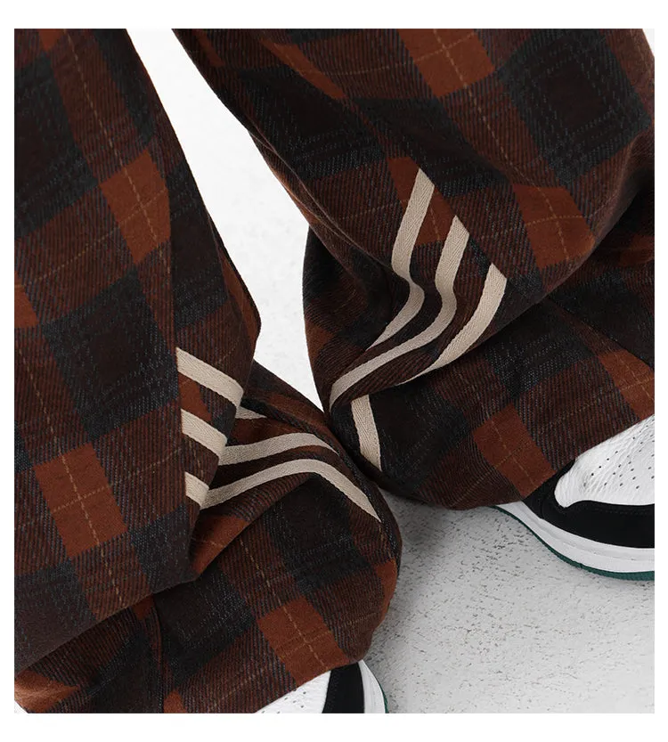 Casual Plaid Wide-Leg Pants & Three-Bar Stitched Design
