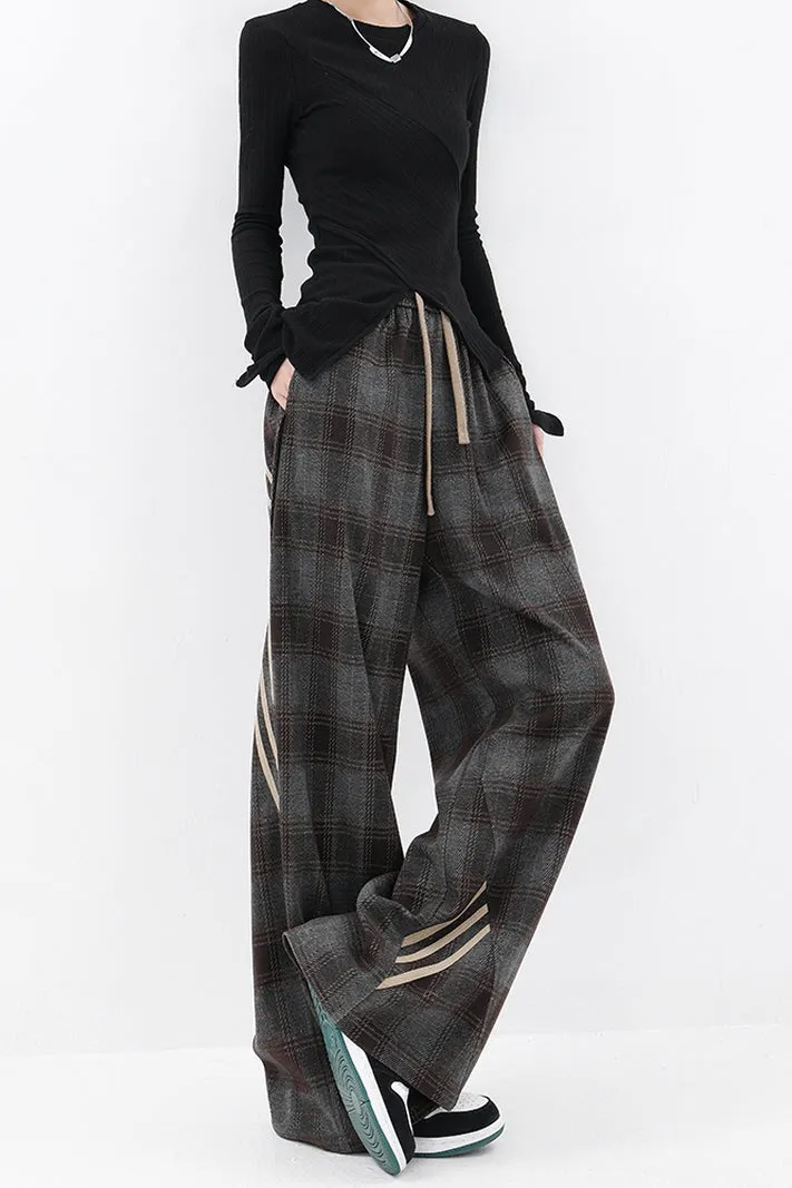 Casual Plaid Wide-Leg Pants & Three-Bar Stitched Design