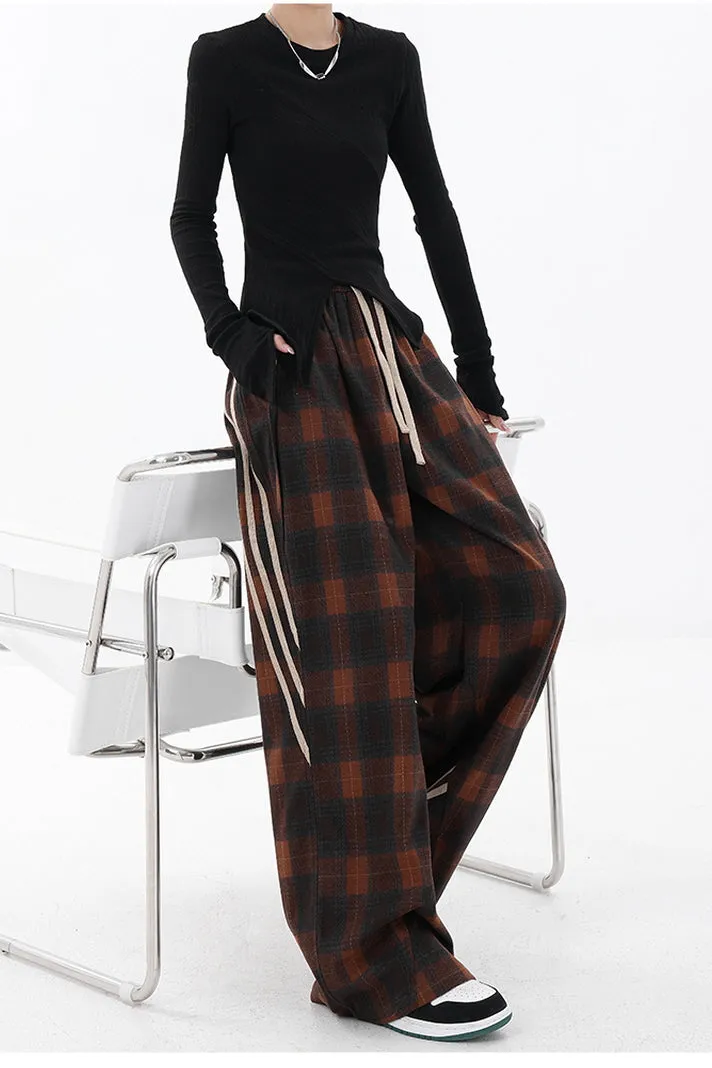 Casual Plaid Wide-Leg Pants & Three-Bar Stitched Design