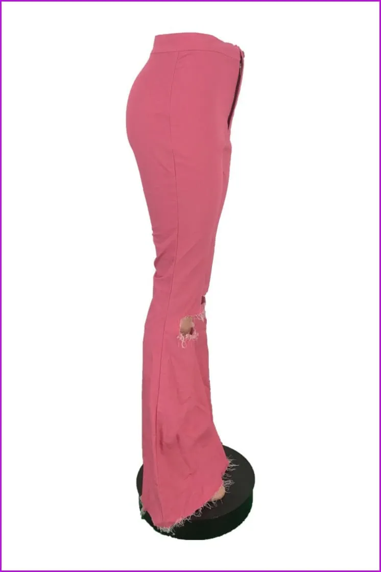 Fashion Hole Pink Flare Pants For WomenDE951