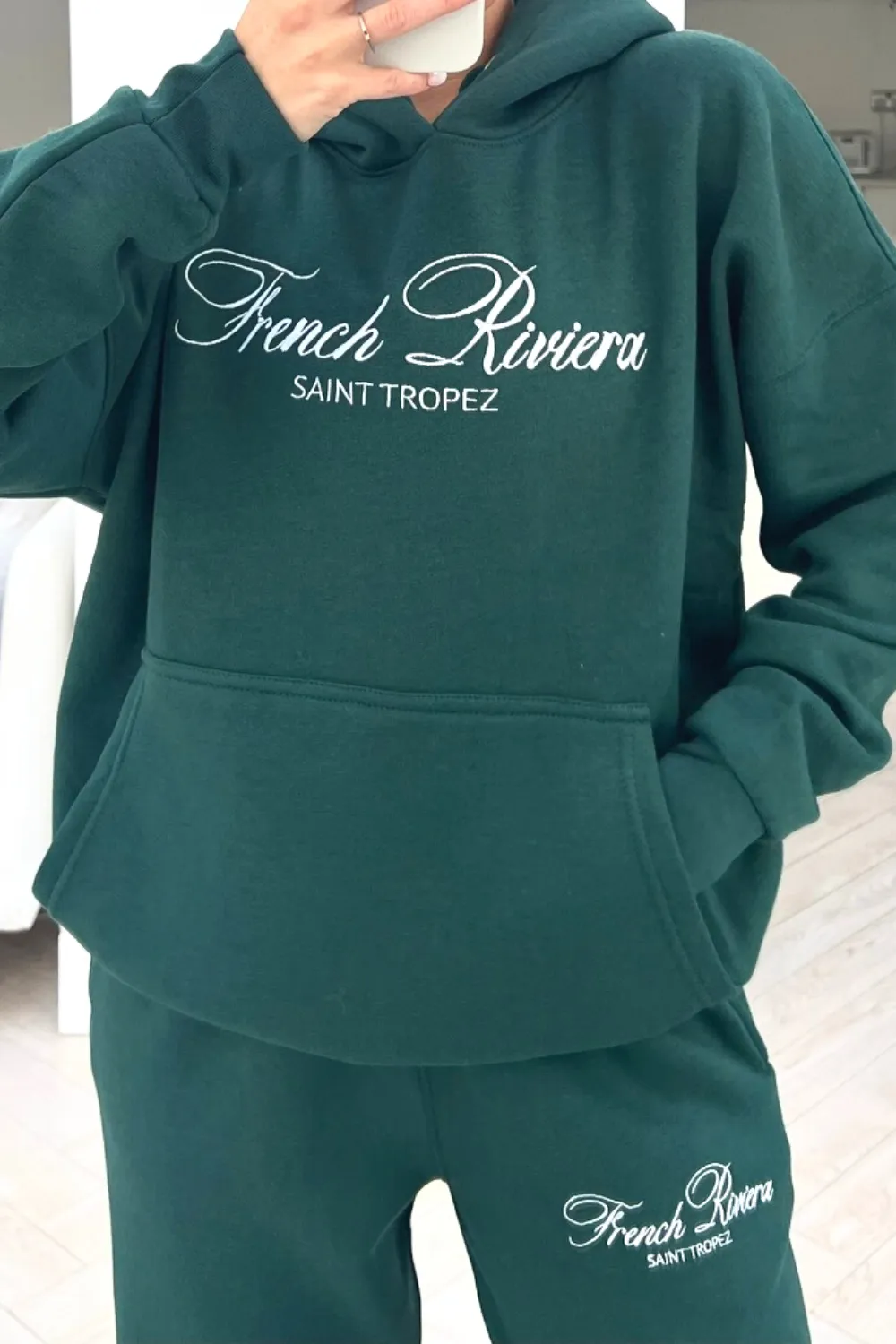 French Riviera forest green embroidered hoodie loungewear set