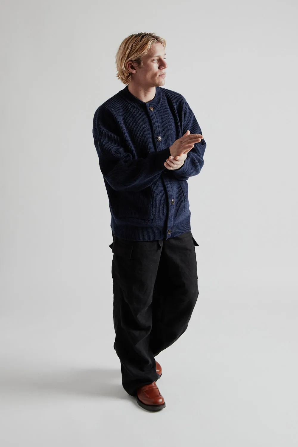 Heavy Wool Round Cardigan - Indigo
