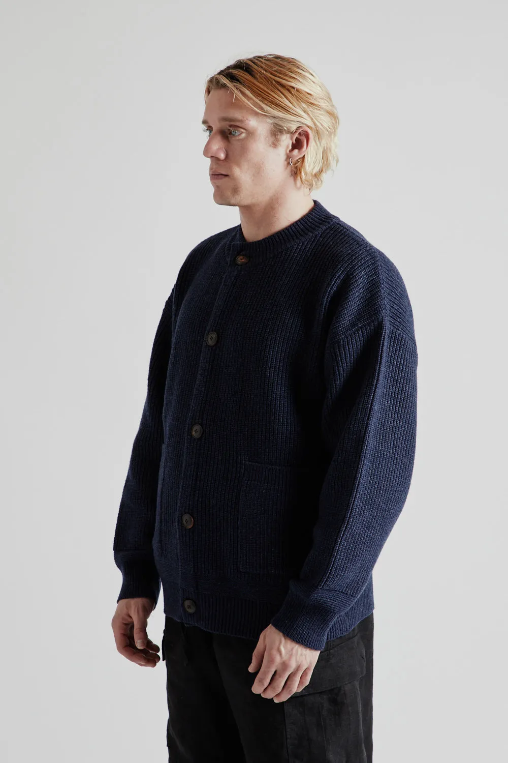 Heavy Wool Round Cardigan - Indigo
