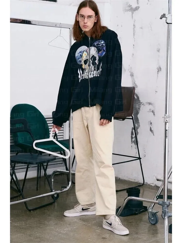 Joskaa Hip Hop Joggers Sweatshirt Korean Fashion Punk Sport Coat Pullover Skull Graphics Gothic Long Sleeve Zip Hoodie Y2k Jacket Men's