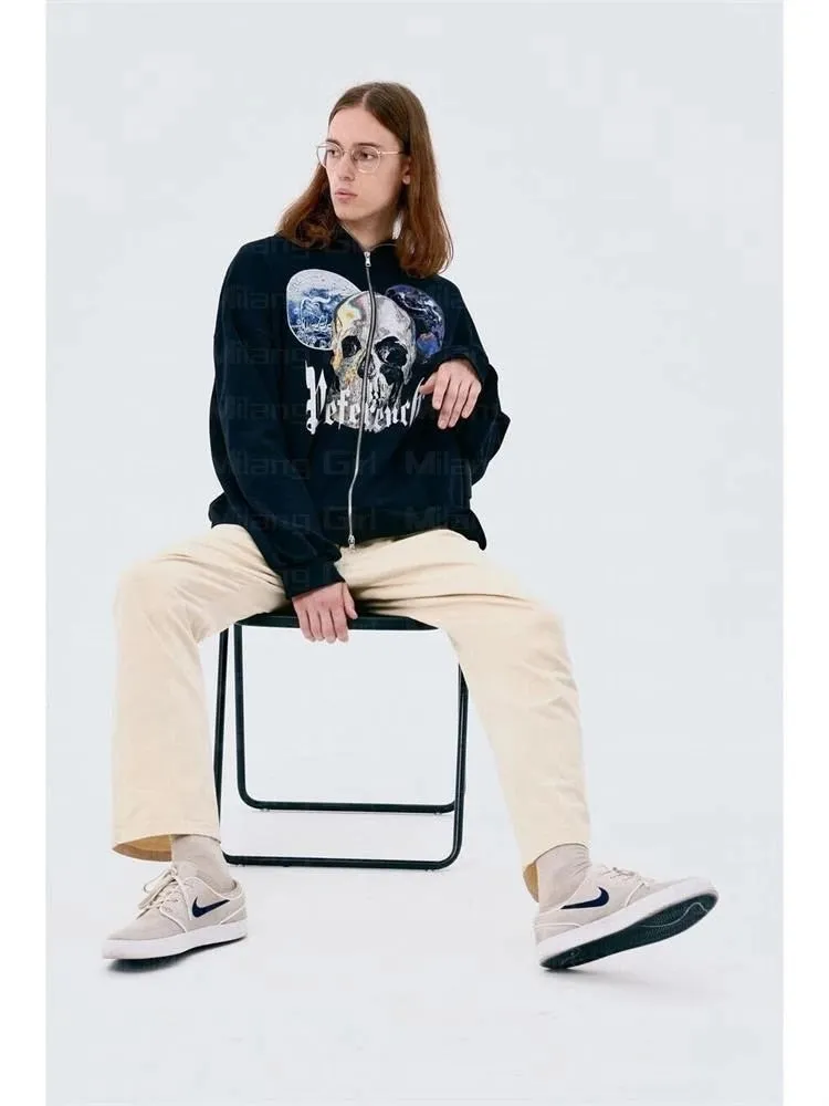 Joskaa Hip Hop Joggers Sweatshirt Korean Fashion Punk Sport Coat Pullover Skull Graphics Gothic Long Sleeve Zip Hoodie Y2k Jacket Men's