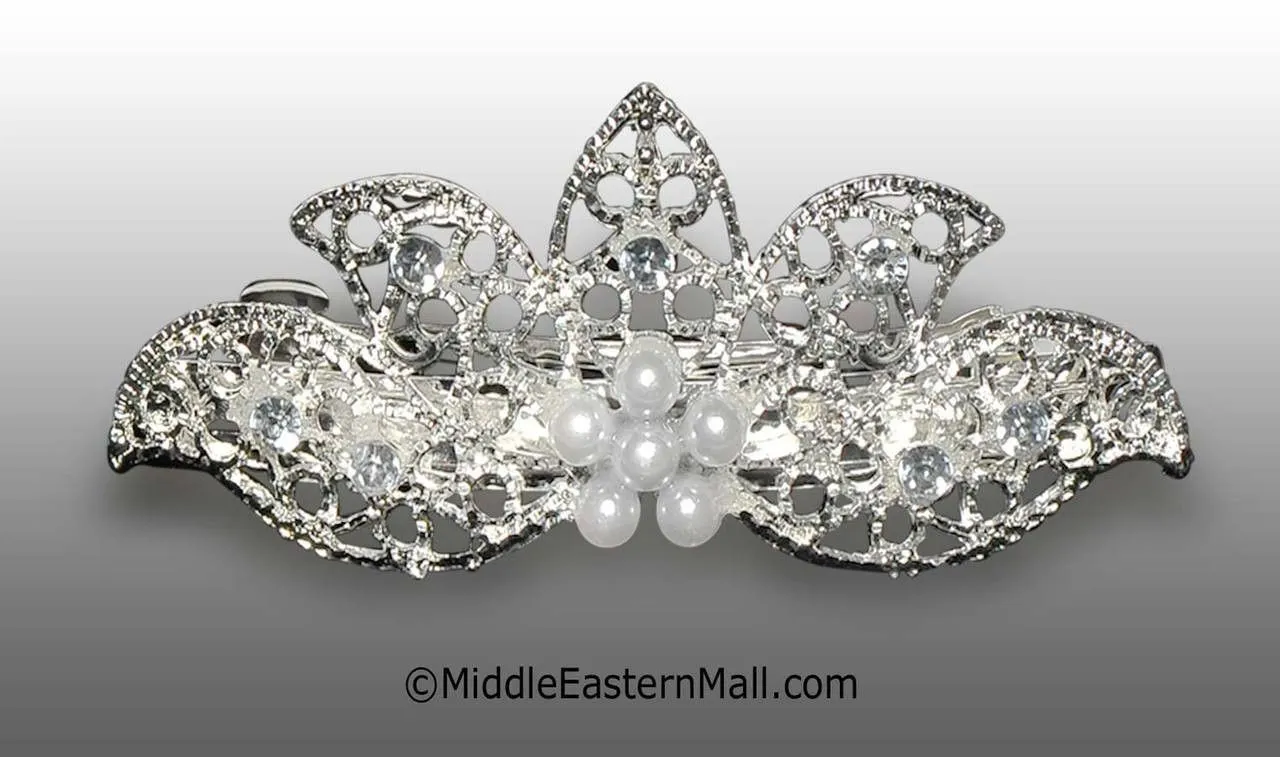 Large Fillagree Barrette Embellished with Rhinestones & Pearl Beads