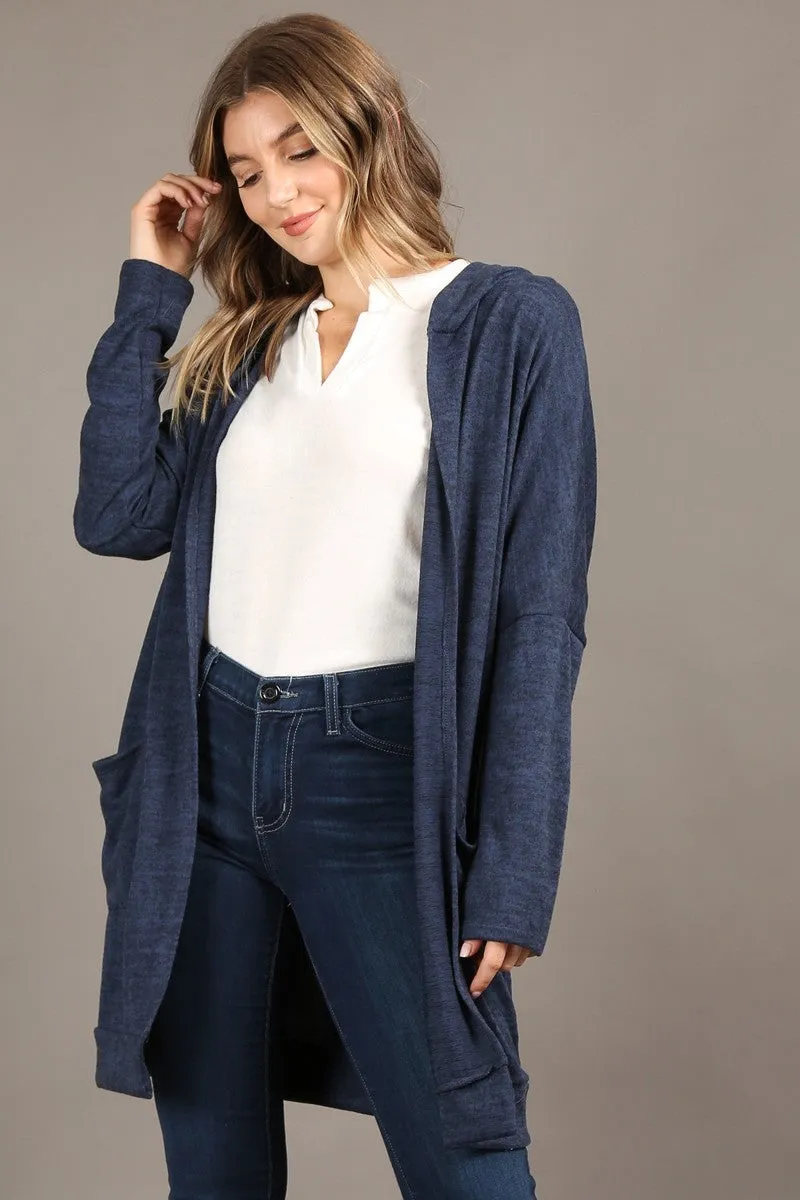 Long body, open cardigan hoodie, long sleeves, front pockets