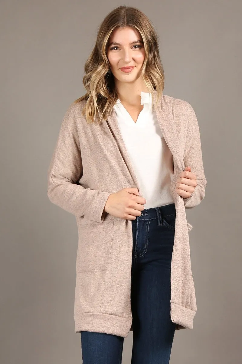 Long body, open cardigan hoodie, long sleeves, front pockets