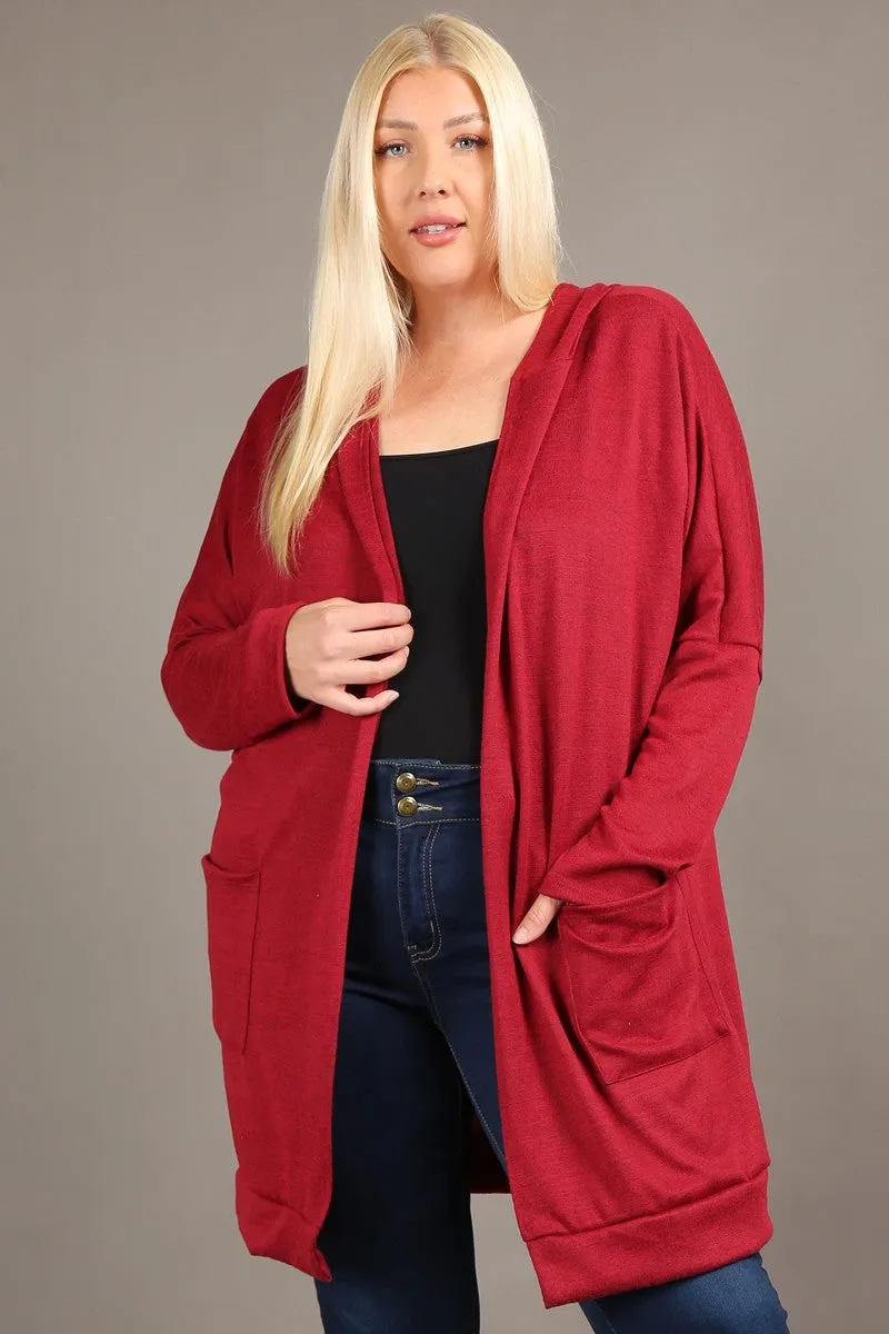 Long body, open cardigan hoodie, long sleeves, front pockets