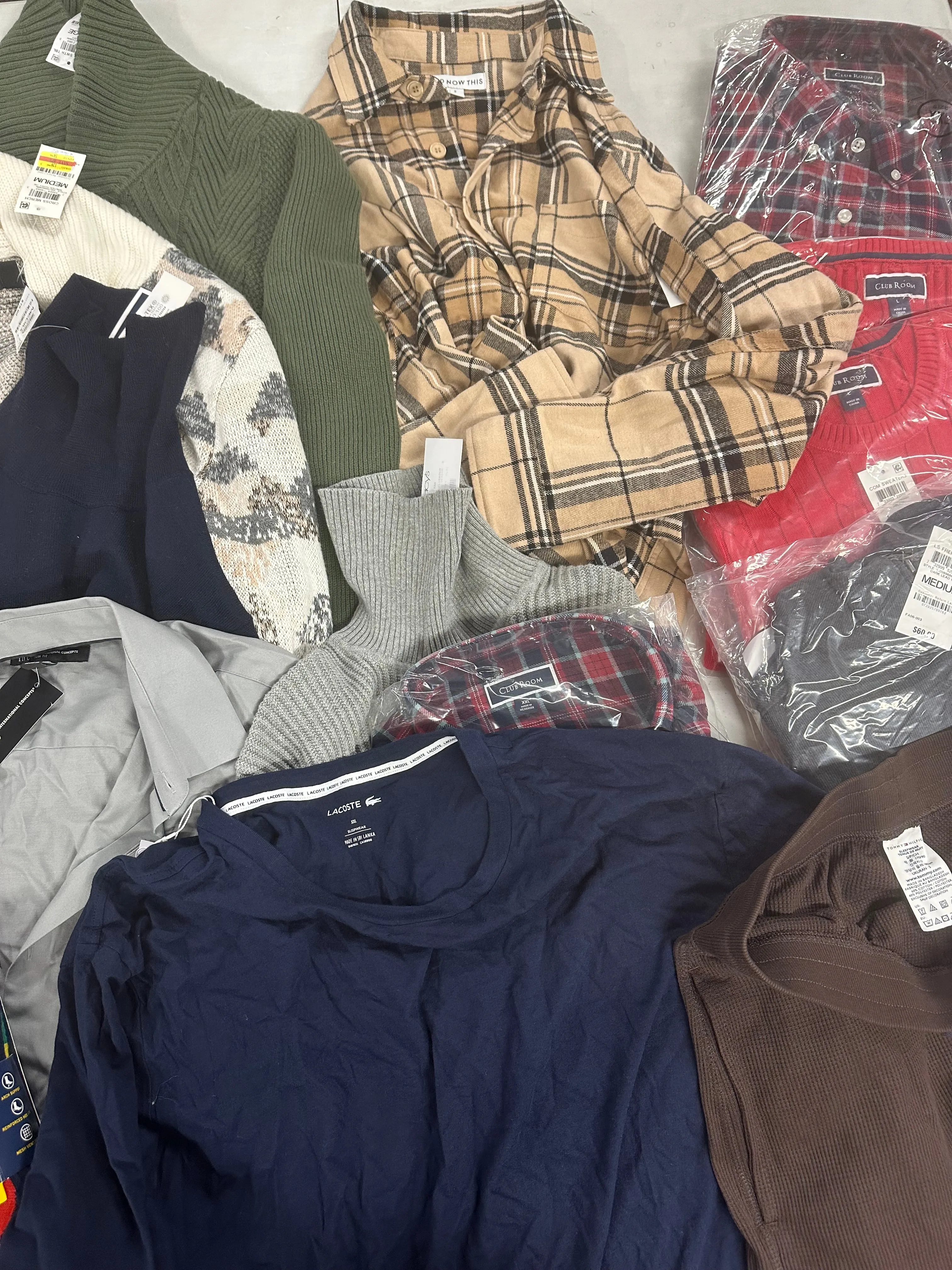 Men's Clothing Sweaters &amp; Others Wholesale Lot, POLO RALPH LAUREN, LACOSTE, TOMMY HILFIGER, AND NOW THIS, CLUB ROOM and more, 14 items, Shelf Pulls, MSRP $548