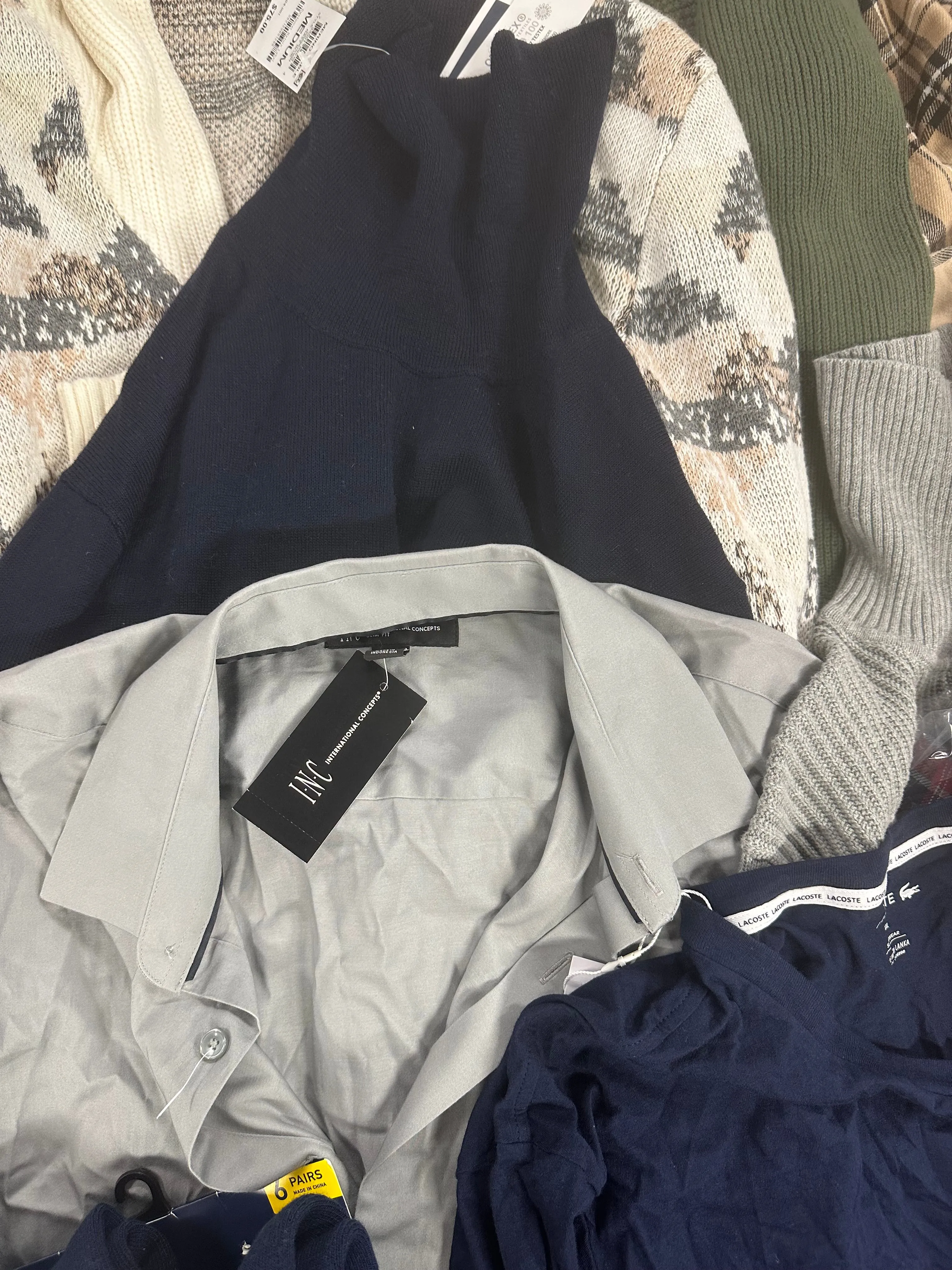 Men's Clothing Sweaters &amp; Others Wholesale Lot, POLO RALPH LAUREN, LACOSTE, TOMMY HILFIGER, AND NOW THIS, CLUB ROOM and more, 14 items, Shelf Pulls, MSRP $548