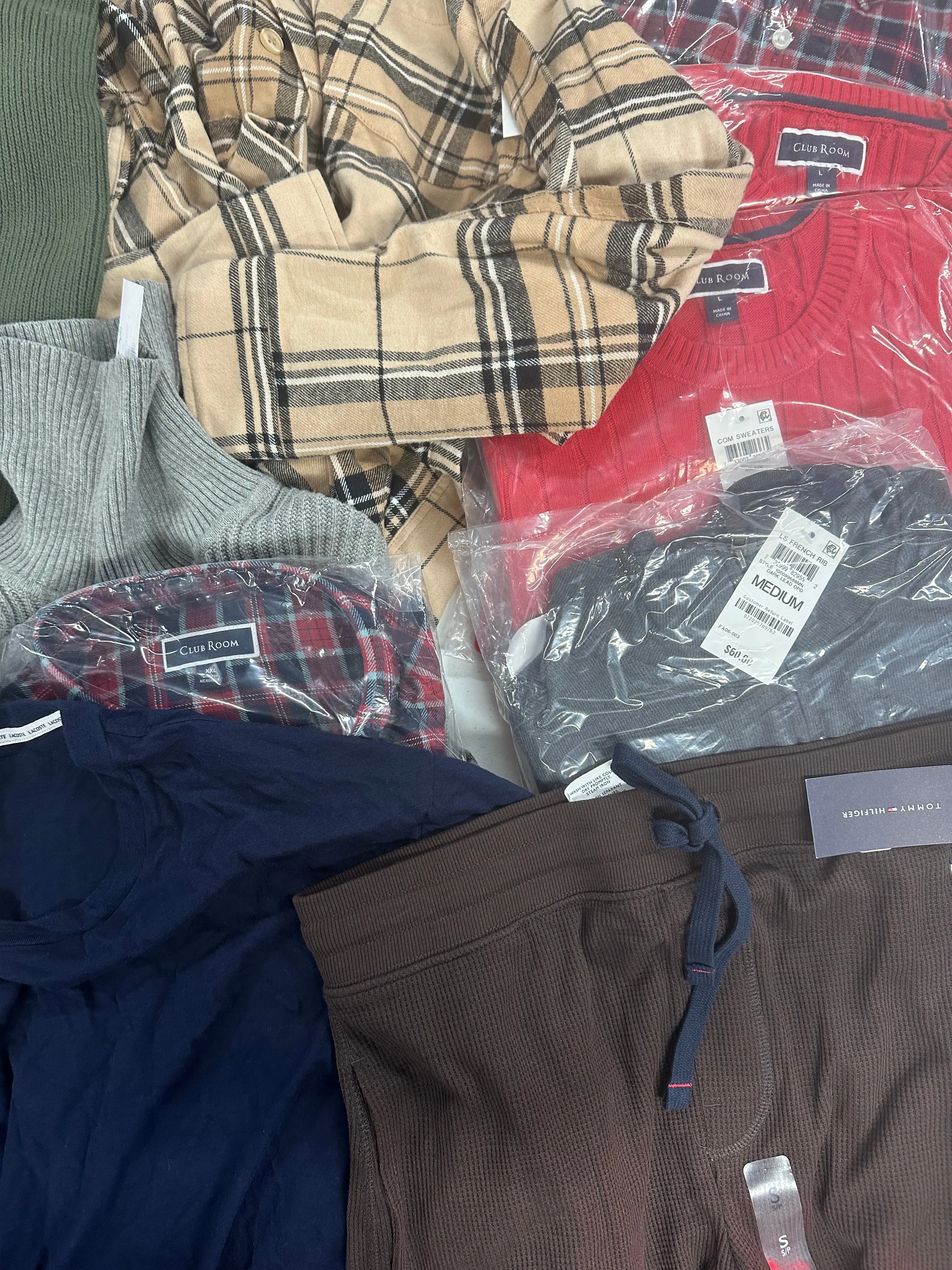 Men's Clothing Sweaters &amp; Others Wholesale Lot, POLO RALPH LAUREN, LACOSTE, TOMMY HILFIGER, AND NOW THIS, CLUB ROOM and more, 14 items, Shelf Pulls, MSRP $548