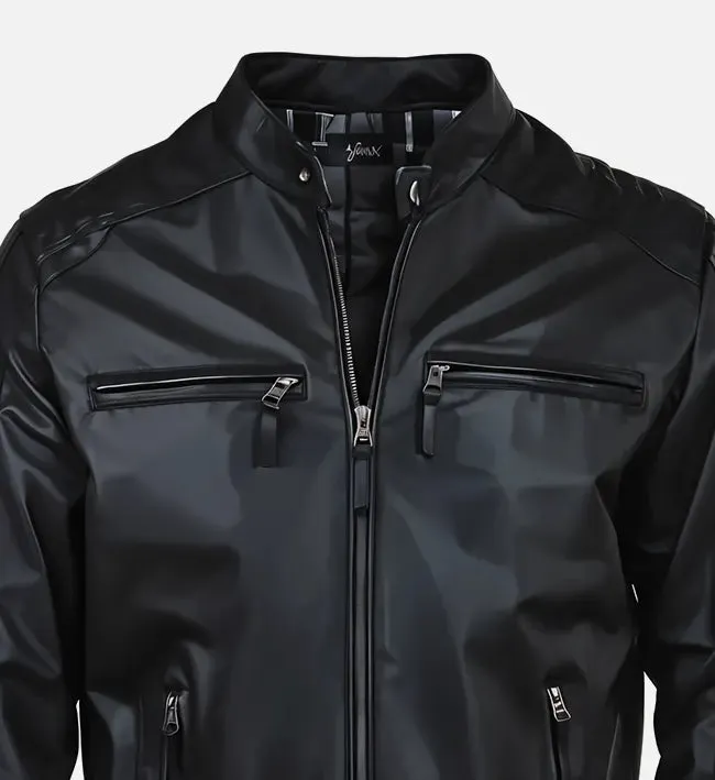 Men’s Quilted Shoulder Black Cafe Racer Leather Jacket