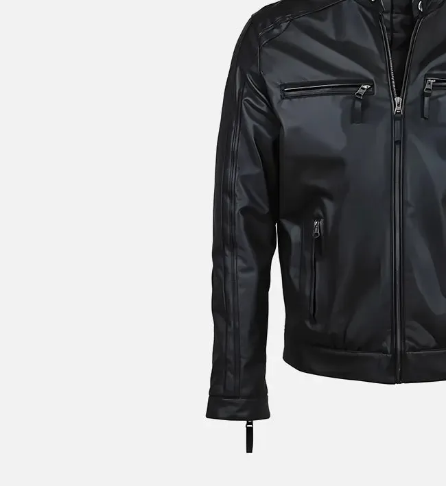 Men’s Quilted Shoulder Black Cafe Racer Leather Jacket