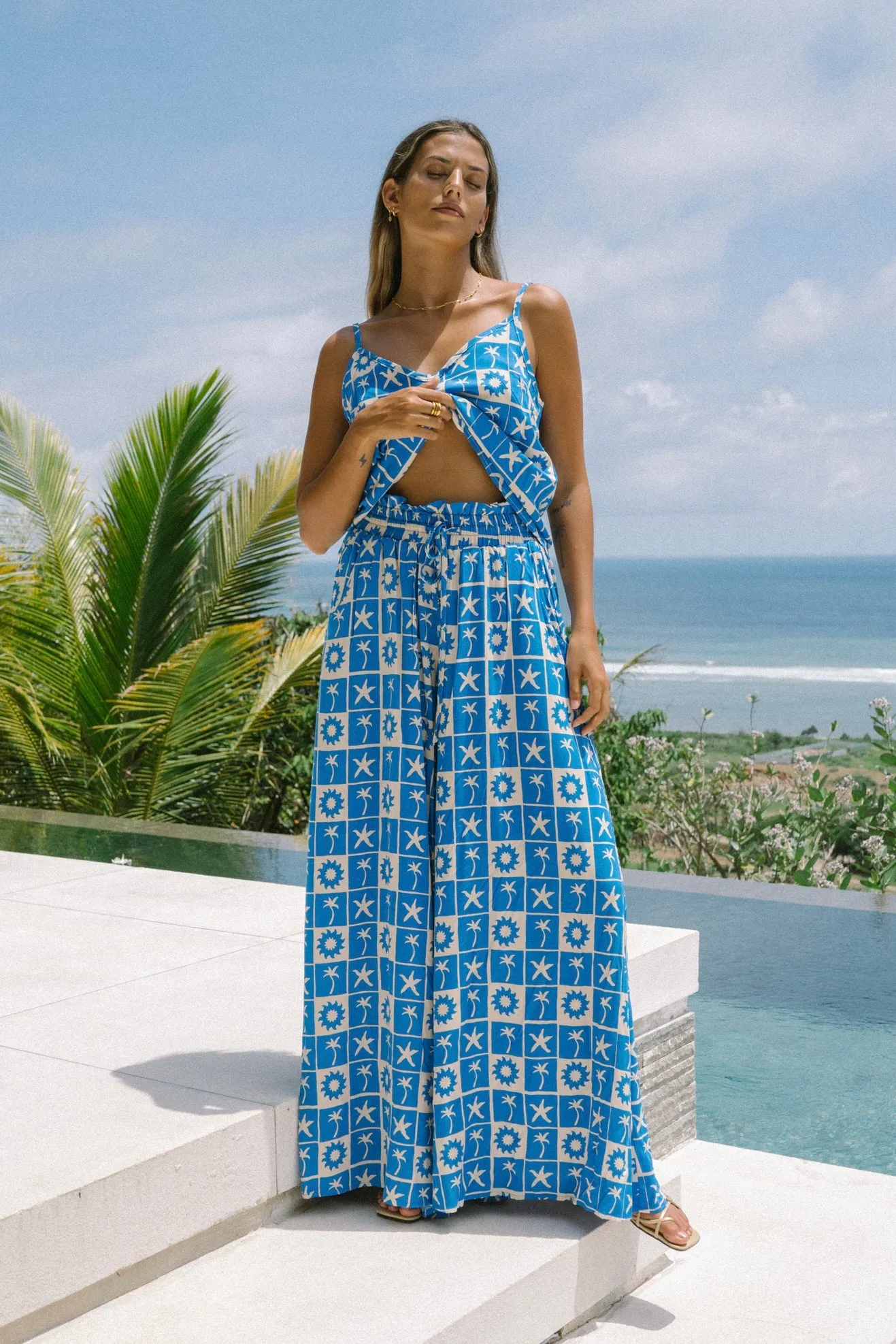 Oliana Blue Tropical Tile Wide Leg Pants