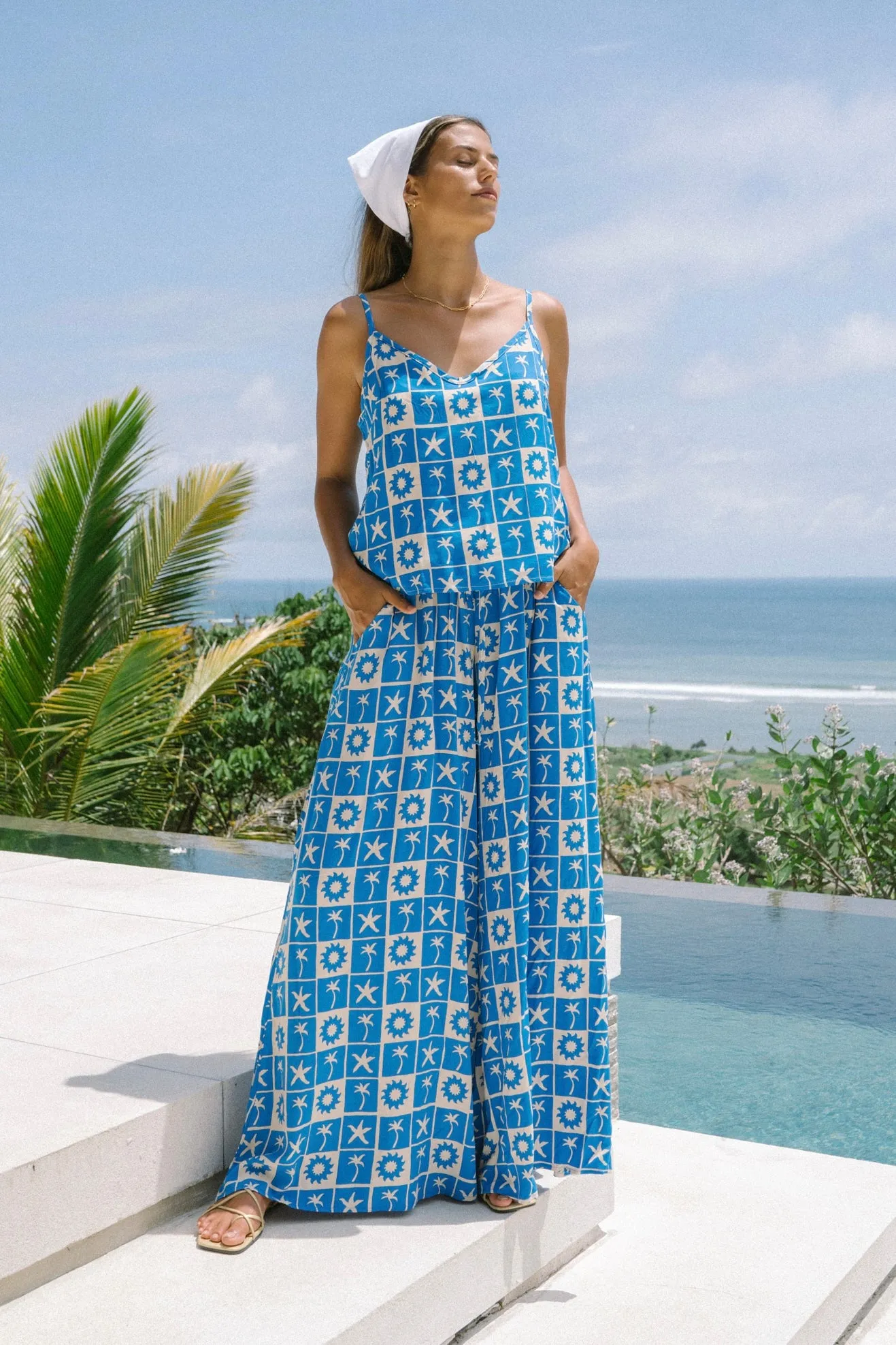Oliana Blue Tropical Tile Wide Leg Pants