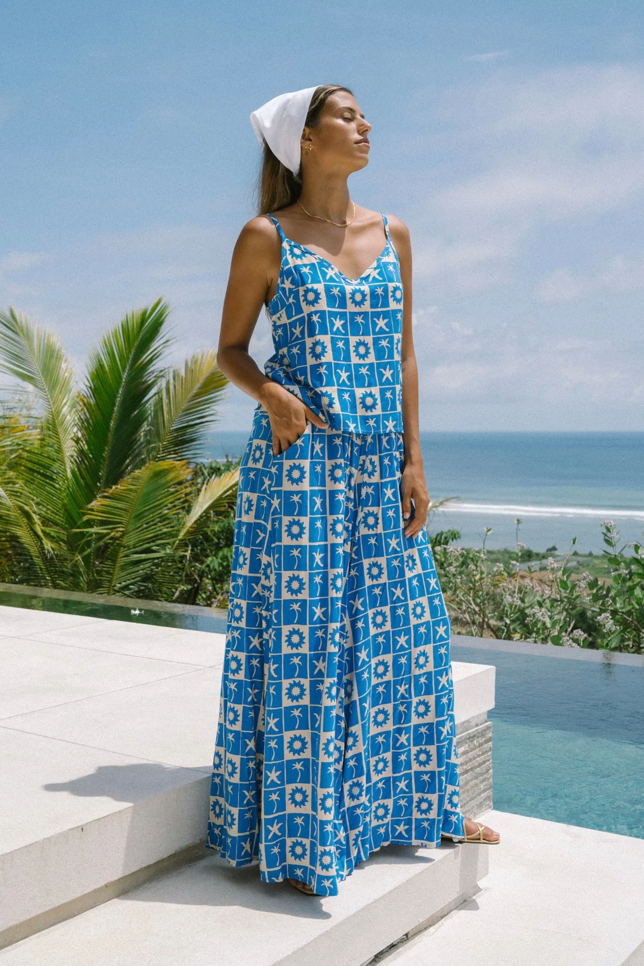 Oliana Blue Tropical Tile Wide Leg Pants