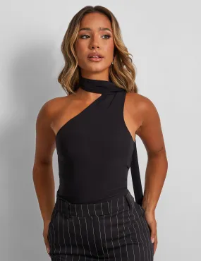 One Shoulder Scarf Crop Top Black