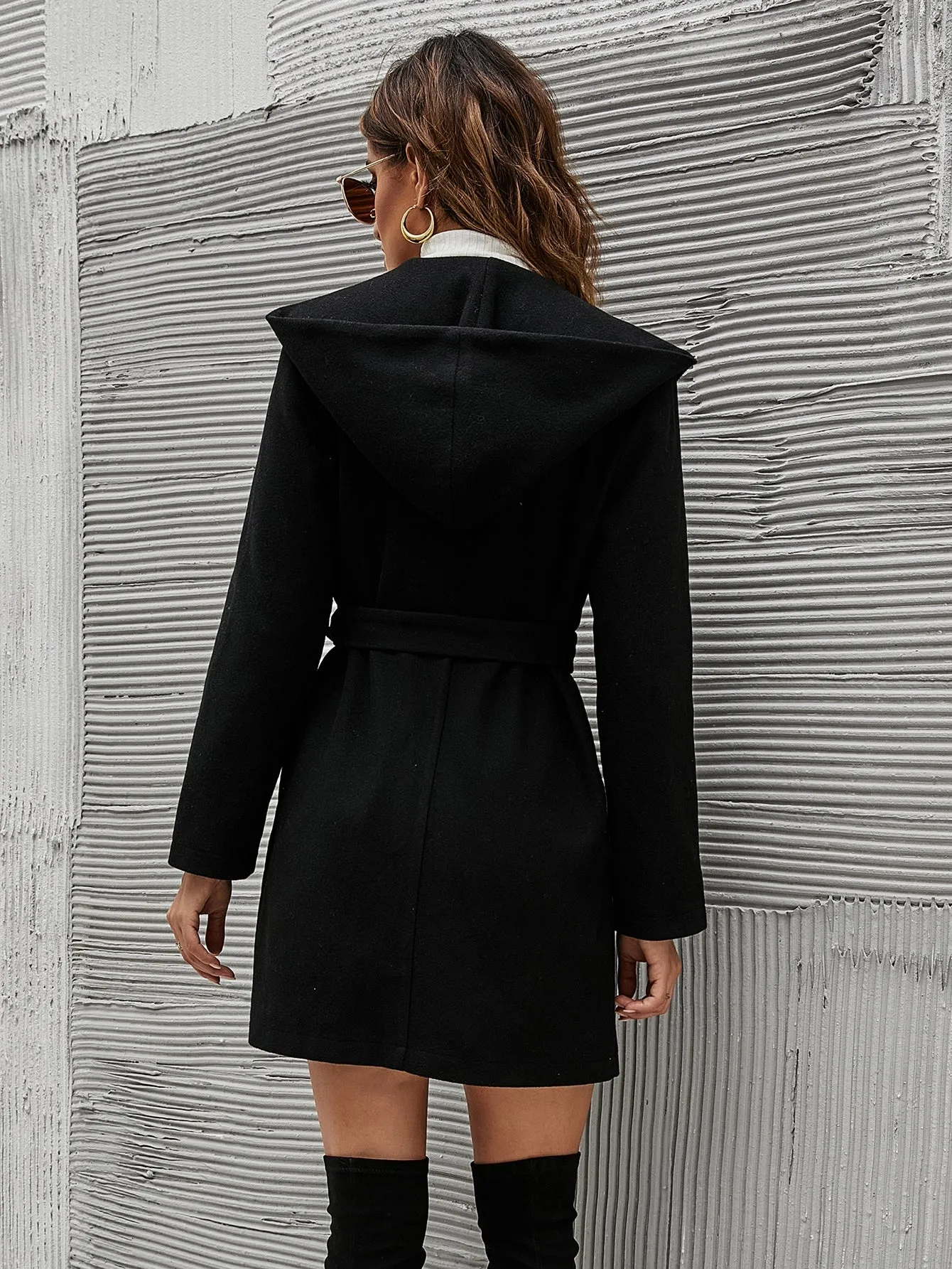Plain Belted Long Sleeve Shawl Collar Short Women Overcoat