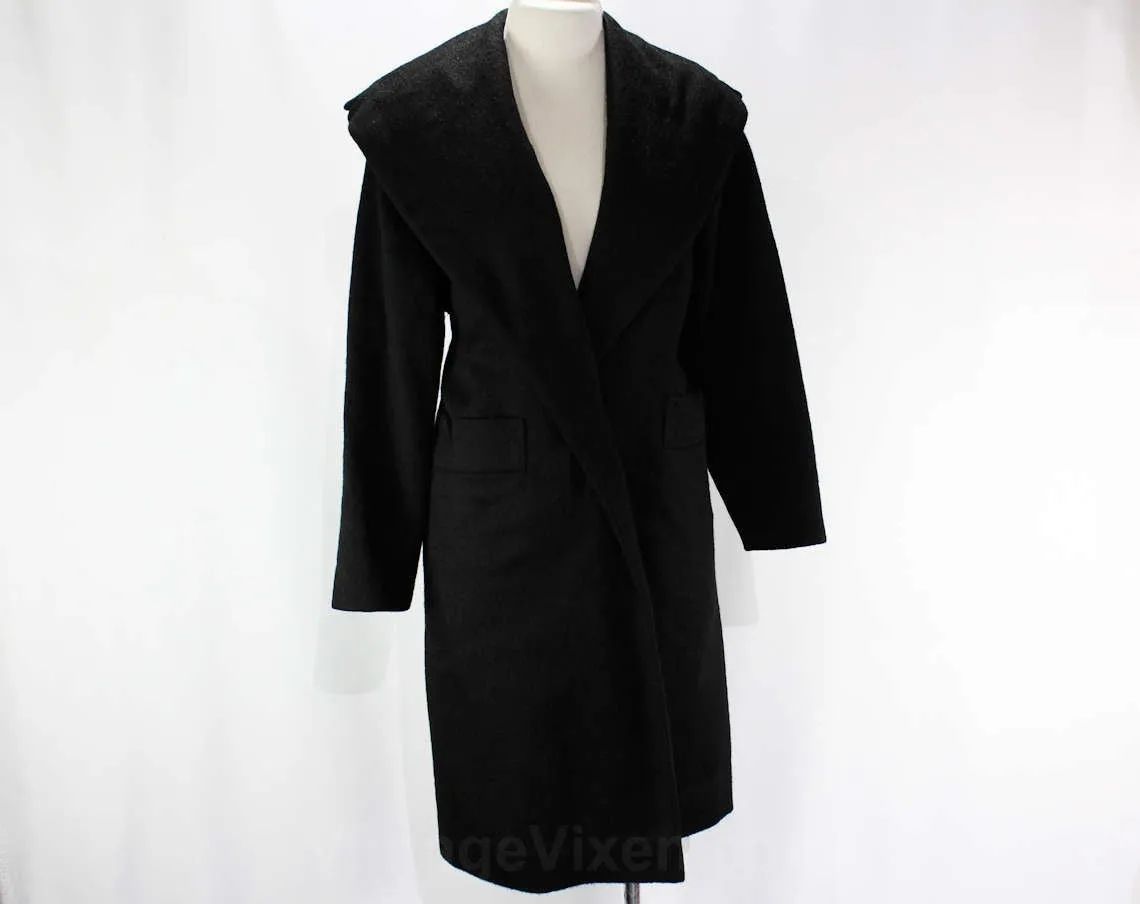 Size 12 1950s Winter Coat - Top Quality Black Furry Wool Overcoat - Posh Mid Century 50s Outerwear - Flash Striped Lining - Bust 38