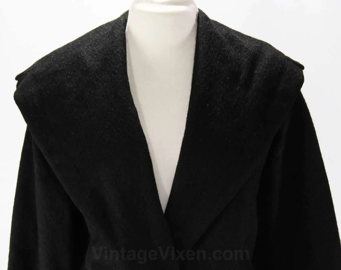 Size 12 1950s Winter Coat - Top Quality Black Furry Wool Overcoat - Posh Mid Century 50s Outerwear - Flash Striped Lining - Bust 38