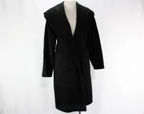 Size 12 1950s Winter Coat - Top Quality Black Furry Wool Overcoat - Posh Mid Century 50s Outerwear - Flash Striped Lining - Bust 38