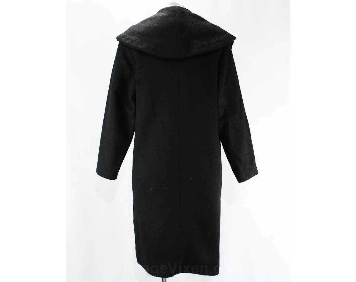 Size 12 1950s Winter Coat - Top Quality Black Furry Wool Overcoat - Posh Mid Century 50s Outerwear - Flash Striped Lining - Bust 38