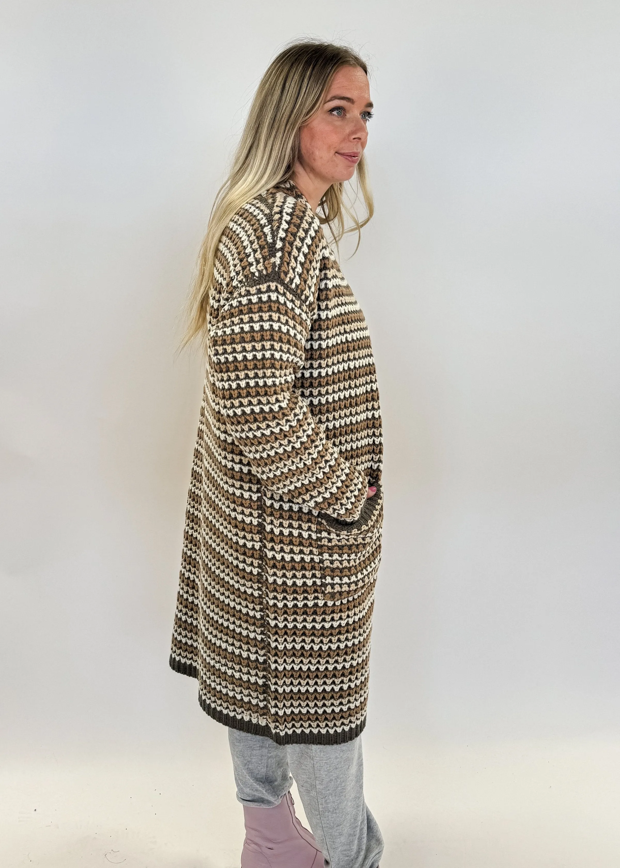 Striped Knit Cardi Ribbed Open