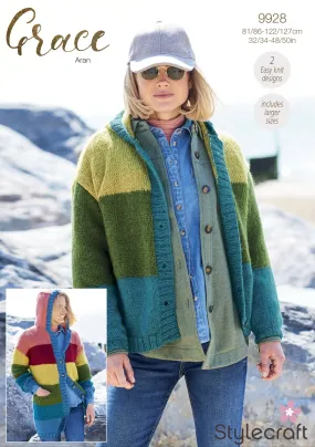 Stylecraft Grace Aran Hooded Cardigan Knitting Pattern 9928