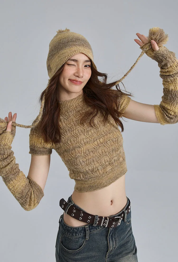 Textured Knit Cropped Sweater Top with Arm Warmer Sleeves