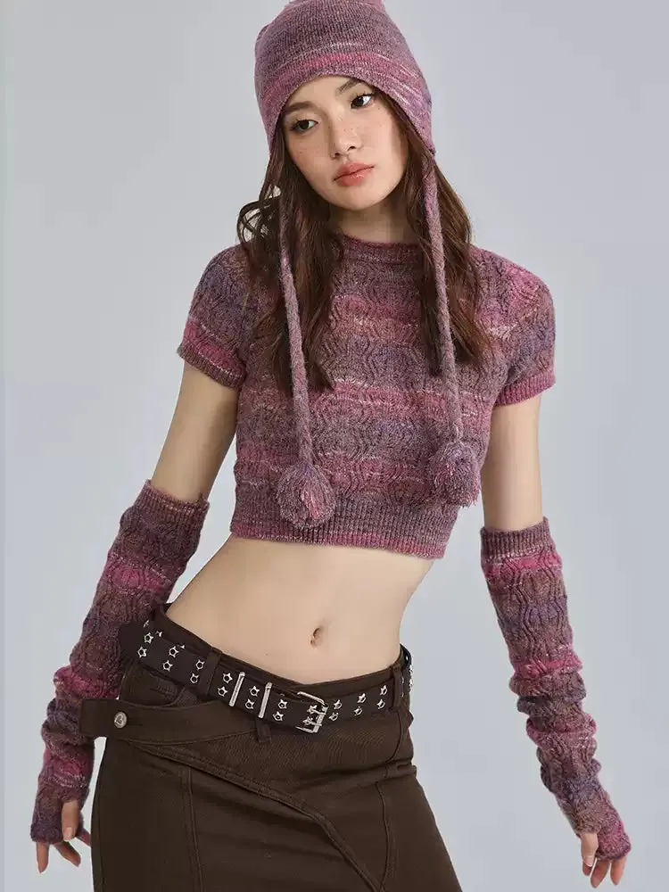 Textured Knit Cropped Sweater Top with Arm Warmer Sleeves