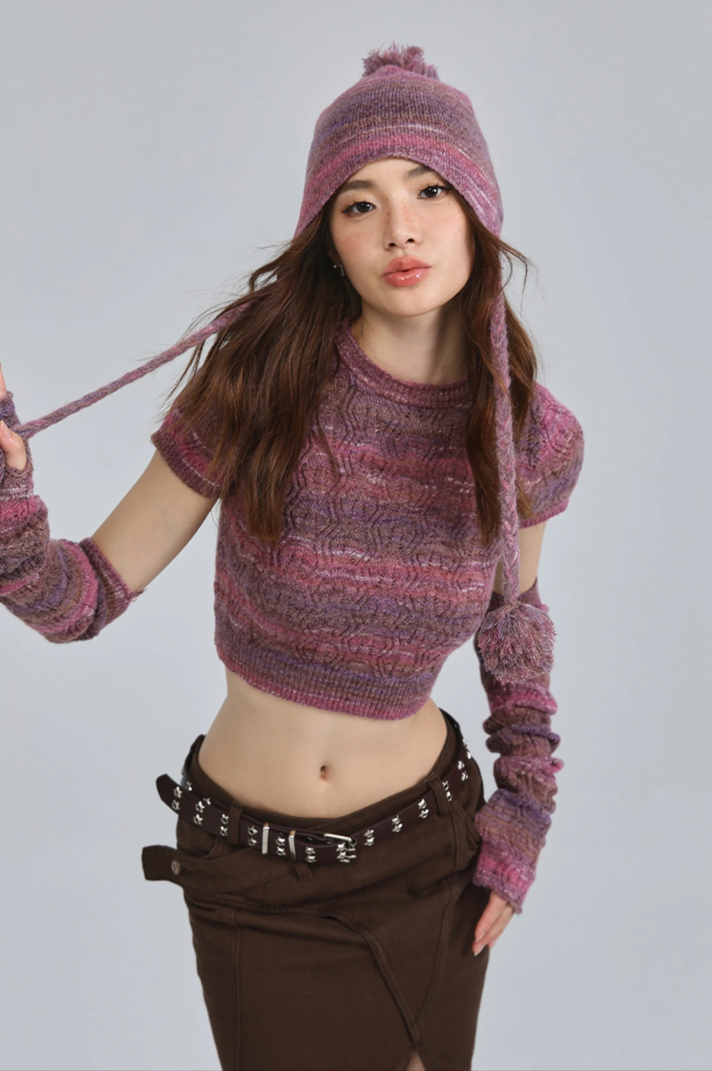 Textured Knit Cropped Sweater Top with Arm Warmer Sleeves