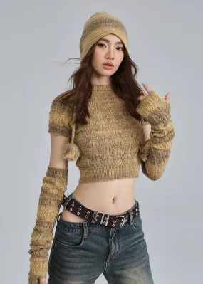 Textured Knit Cropped Sweater Top with Arm Warmer Sleeves