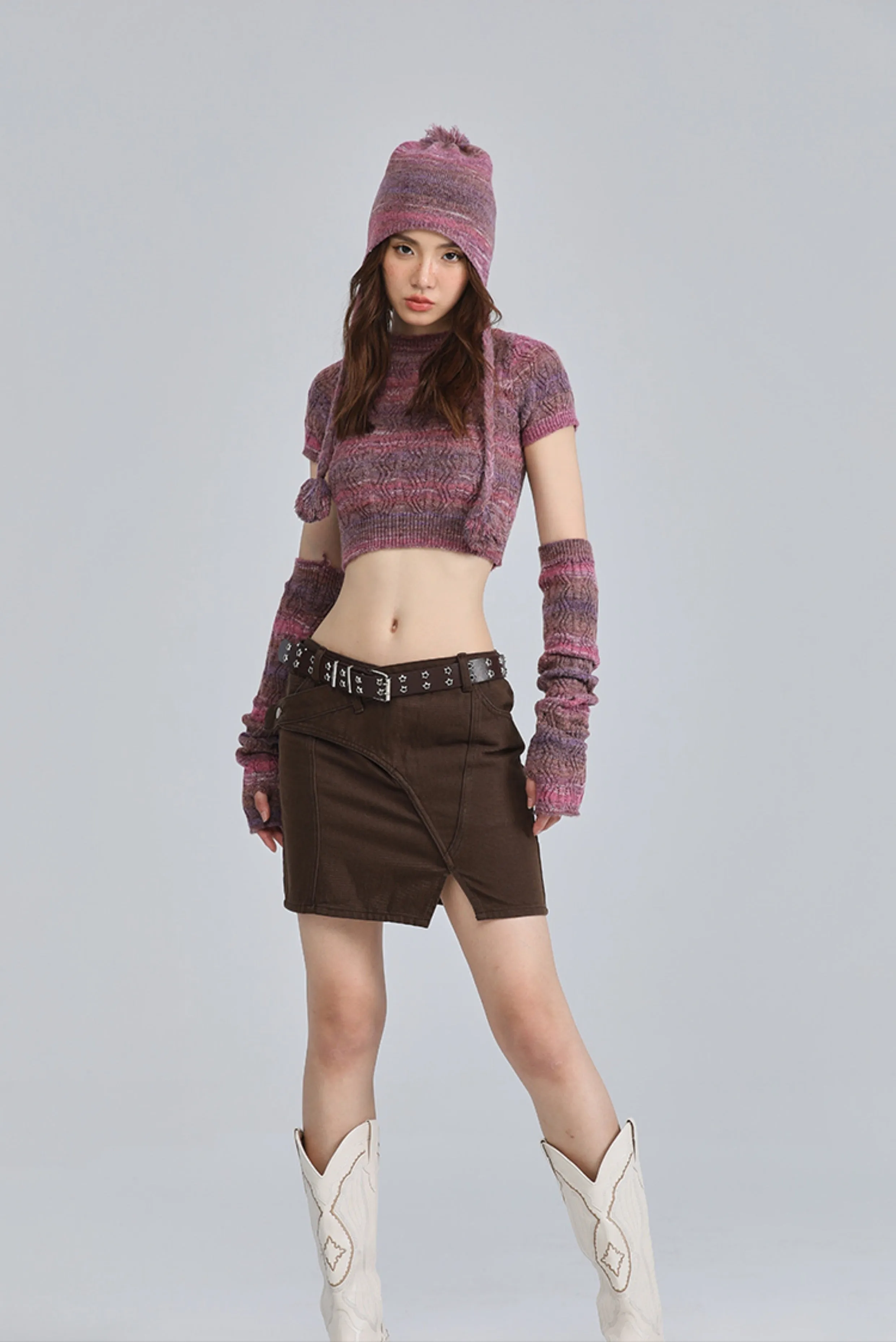 Textured Knit Cropped Sweater Top with Arm Warmer Sleeves