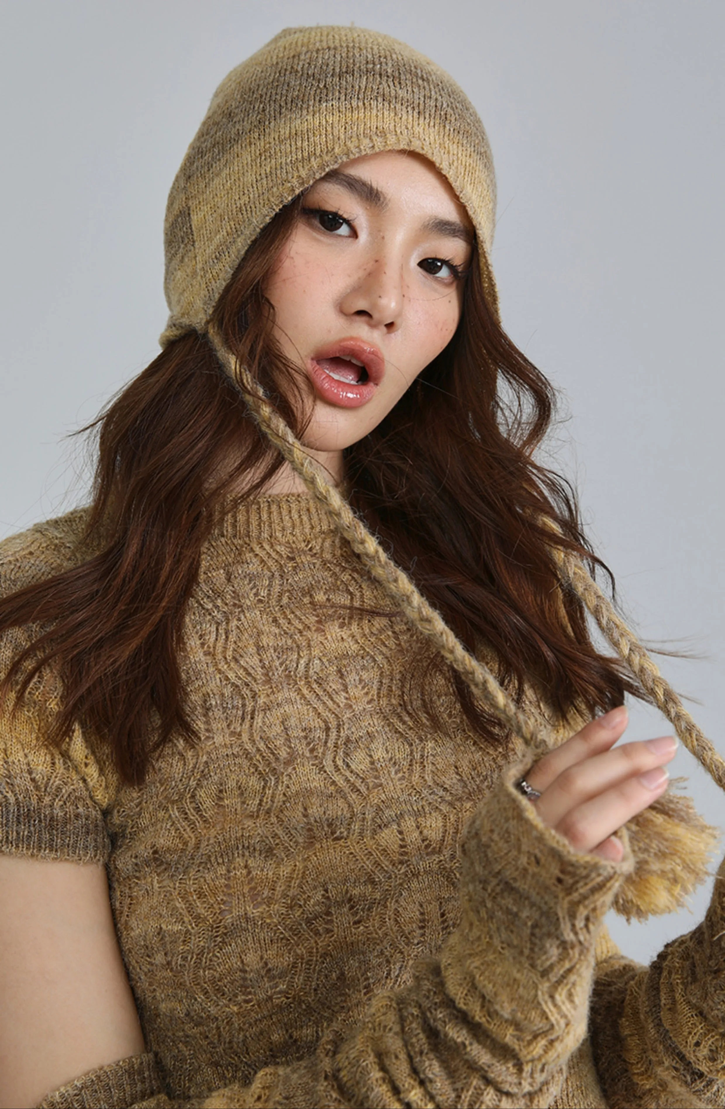 Textured Knit Cropped Sweater Top with Arm Warmer Sleeves