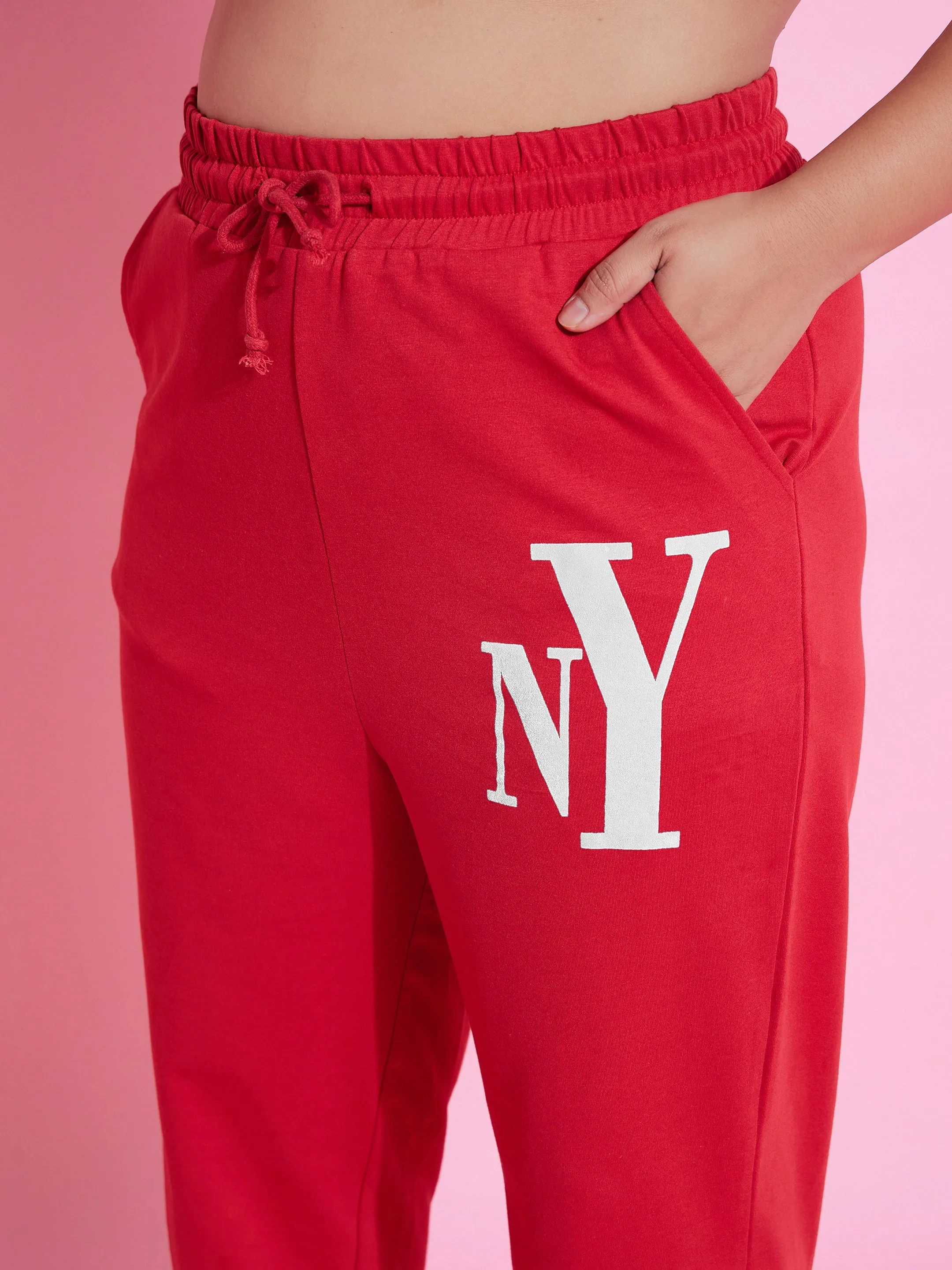 Women Red NEW YOKE Terry Hoodie With Joggers