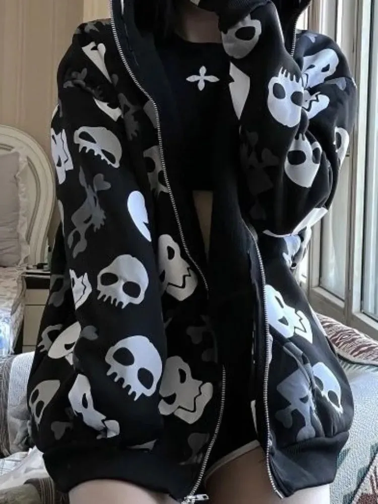 Y2k Sweatshirt Women Mall Goth Goth Harajuku Skull Print Long Sleeve Zipper Cardigan Hoodie Emo Top Autumn Fashion